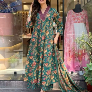 Green Floral Printed Cotton Kurta and Pant Set with Mulmul Dupatta