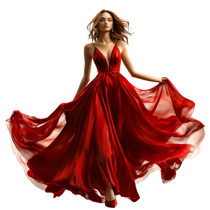 Home woman in red dress floating mid air with flowing fabric on 49401433