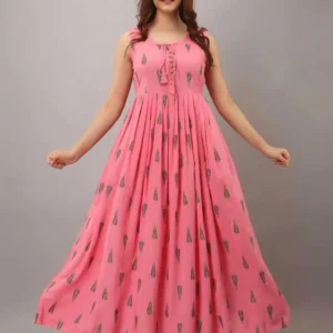 Women Printed Viscose Rayon Anarkali Kurta (Pink)