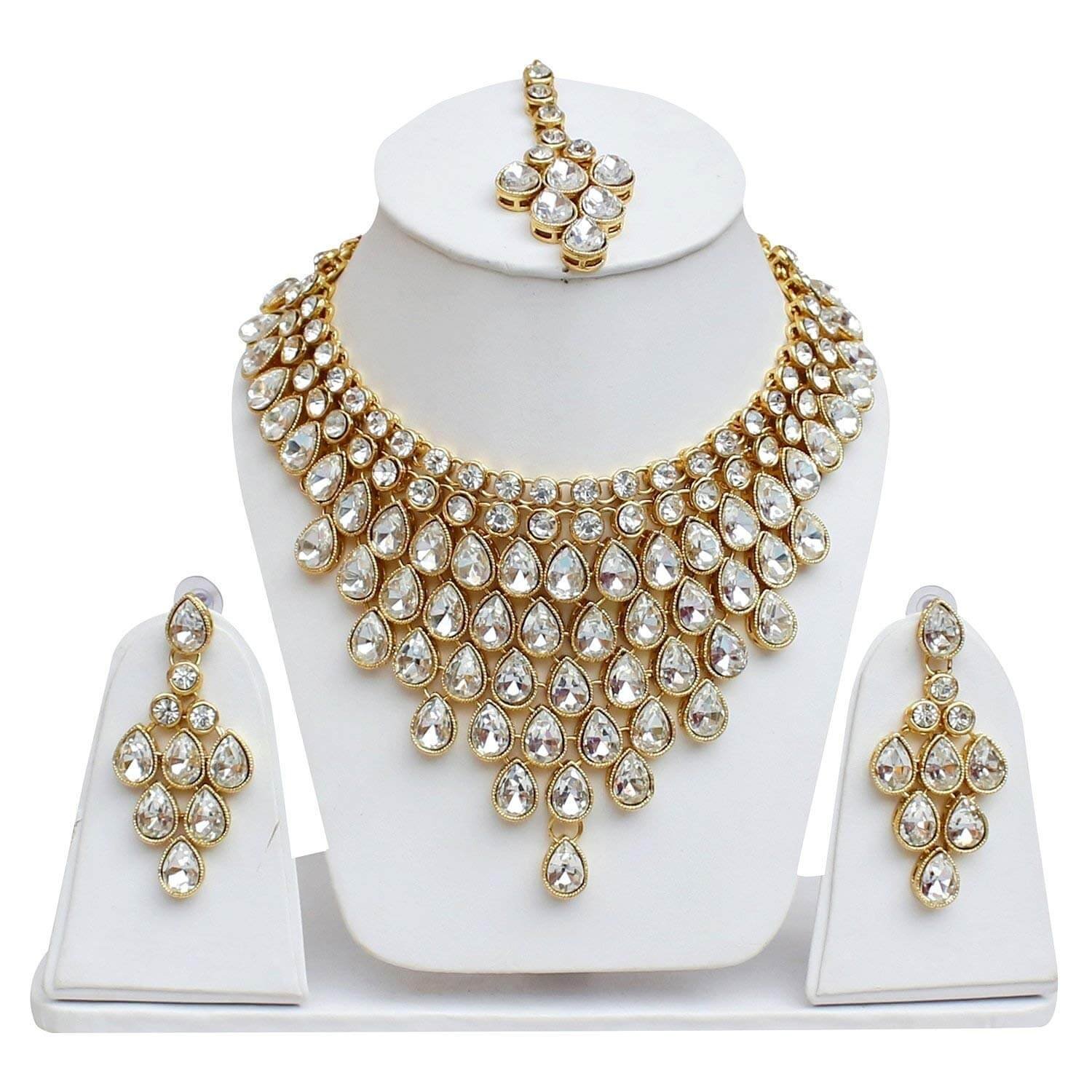 traditional gold plated stone studded bridal choker necklace set earrings & maang tikka for women (1) traditional gold plated stone studded bridal choker necklace set earrings & maang tikka for women (1)