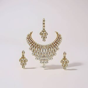 traditional gold plated stone studded bridal choker necklace set earrings & maang tikka for women1 (1)